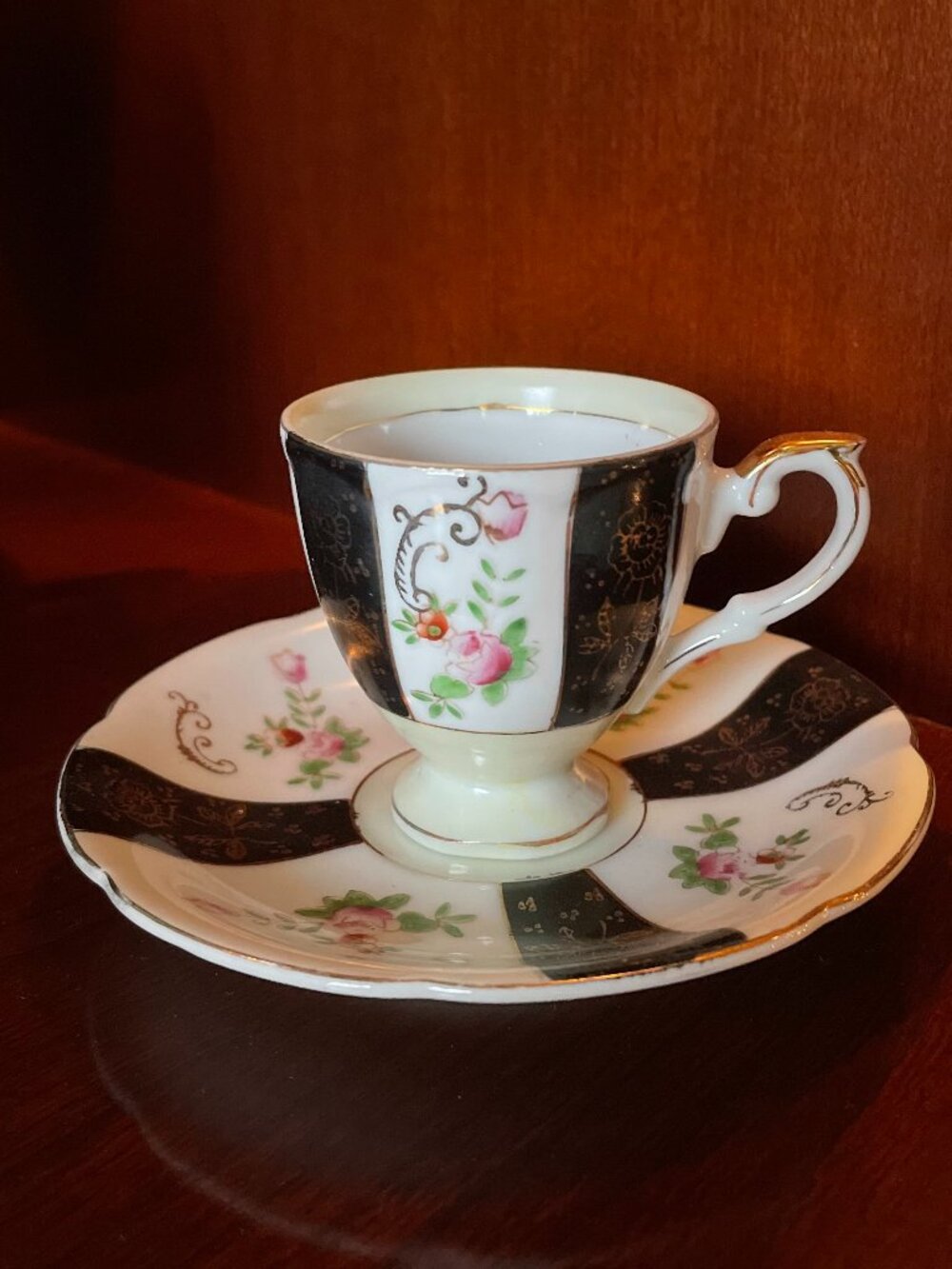Lovely Demitasse Cup w/Floral Panel Design and Matching Scalloped Saucer
